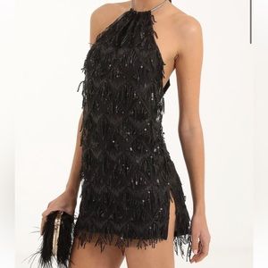 Vesper Fringe Sequin Halter Dress in Black